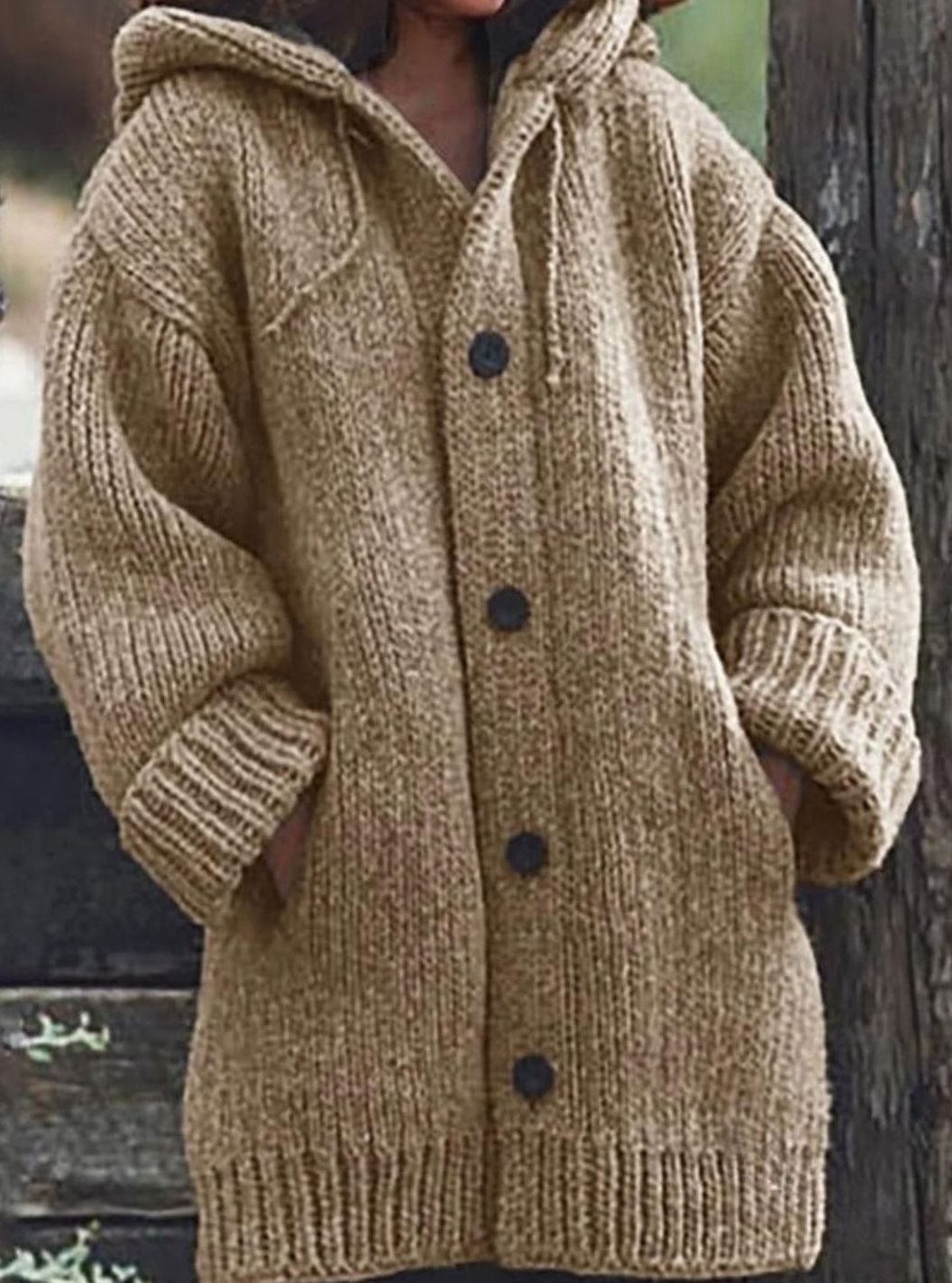 Women's Chunky Knit Hooded Oversized Cardigan - Khaki