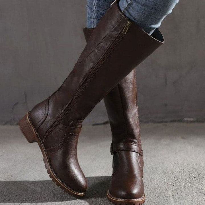 Women's Classic Buckle Side-Zip Knee-High Boots - Dark Brown
