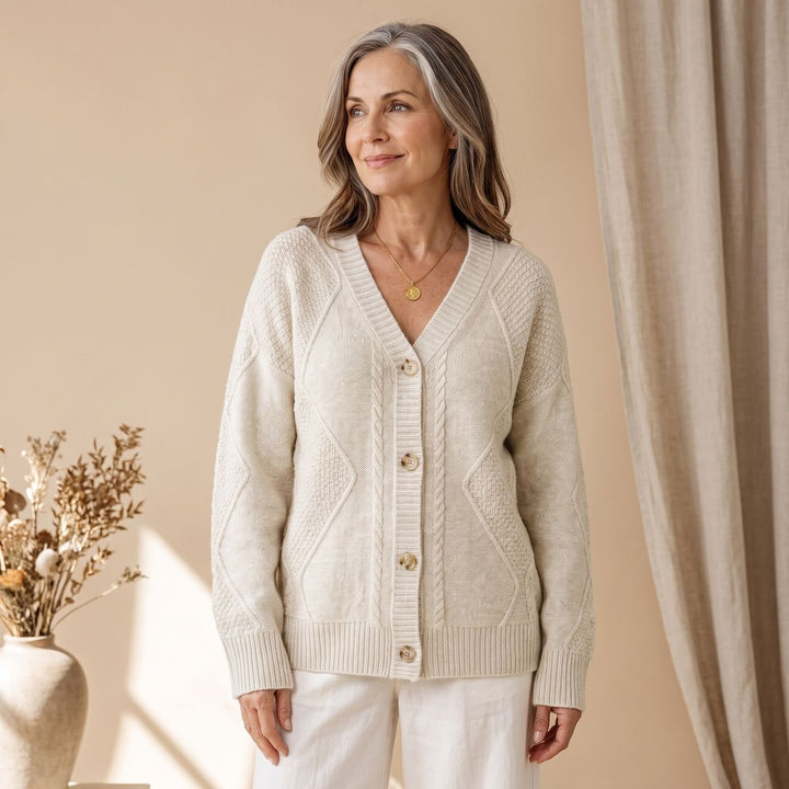 Women's Classic Cable Knit Button-Front Cardigan Sweater - Light Beige