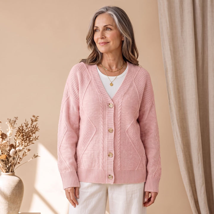 Women's Classic Cable Knit Button-Front Cardigan Sweater - Pink