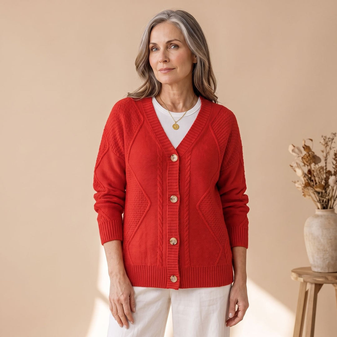 Women's Classic Cable Knit Button-Front Cardigan Sweater - Red