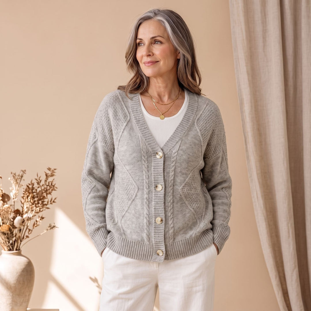 Women's Classic Cable Knit Button-Front Cardigan Sweater - Light Gray