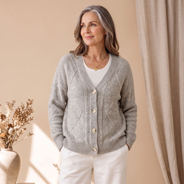 Women's Classic Cable Knit Button-Front Cardigan Sweater - Light Gray