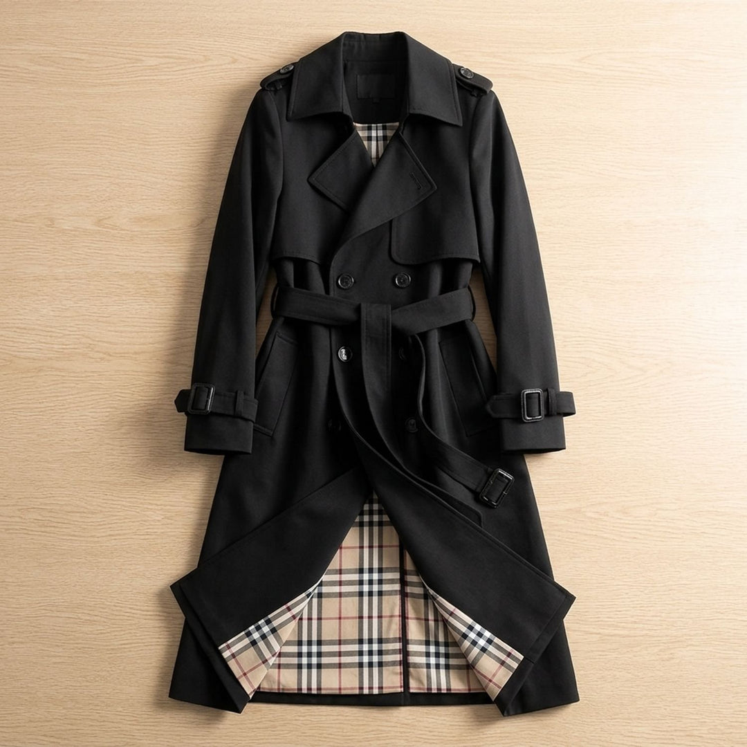 Women's Classic Double-Breasted Belted Trench Coat - Black