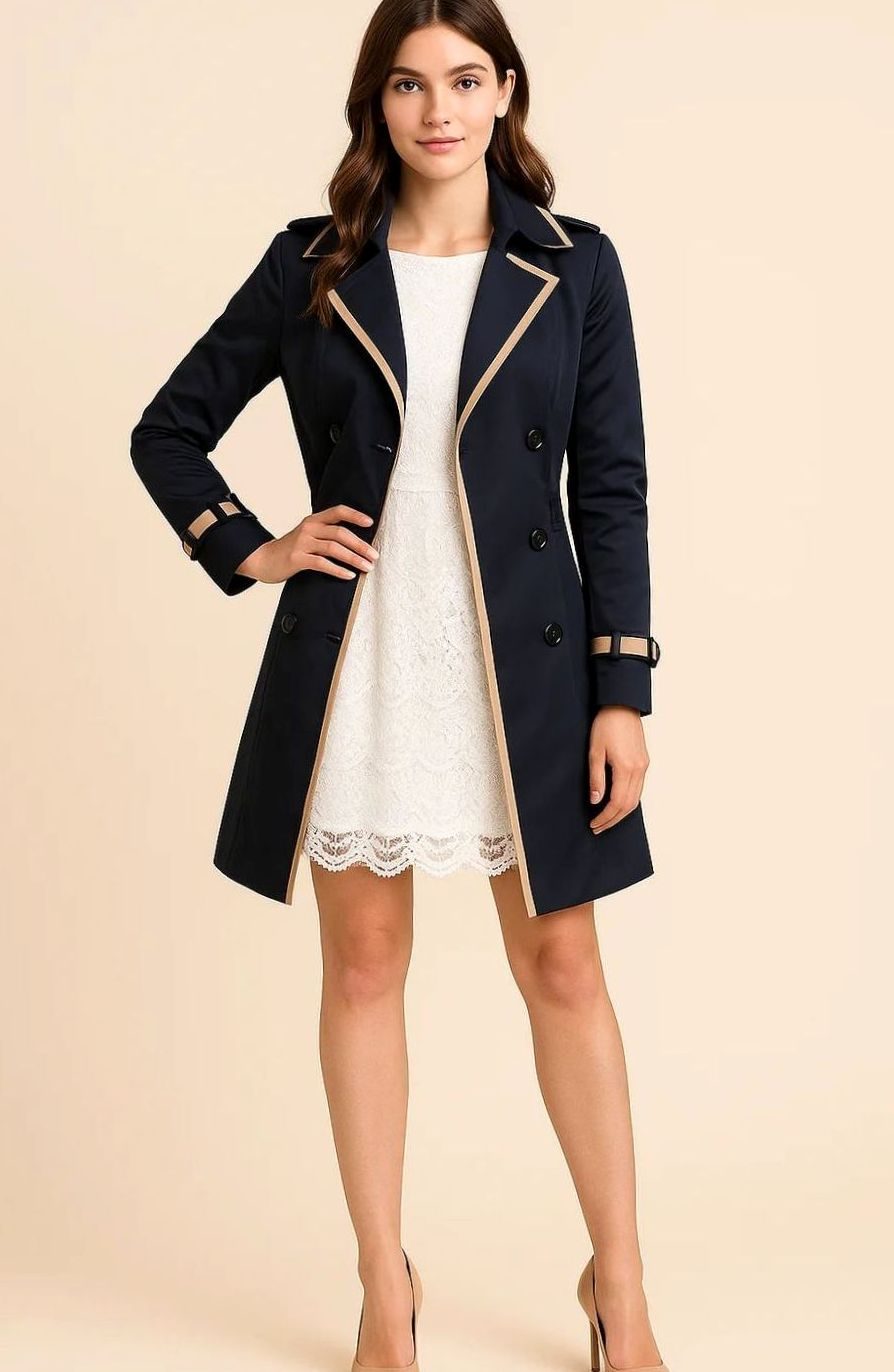 Women's Classic Double-Breasted Trench Coat Black-Trim - Navy Blue