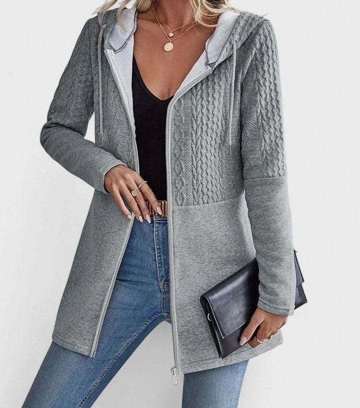 Women's Coat Cable-Knit Panel Hooded Long Zip-Up Sweatshirt - Gray