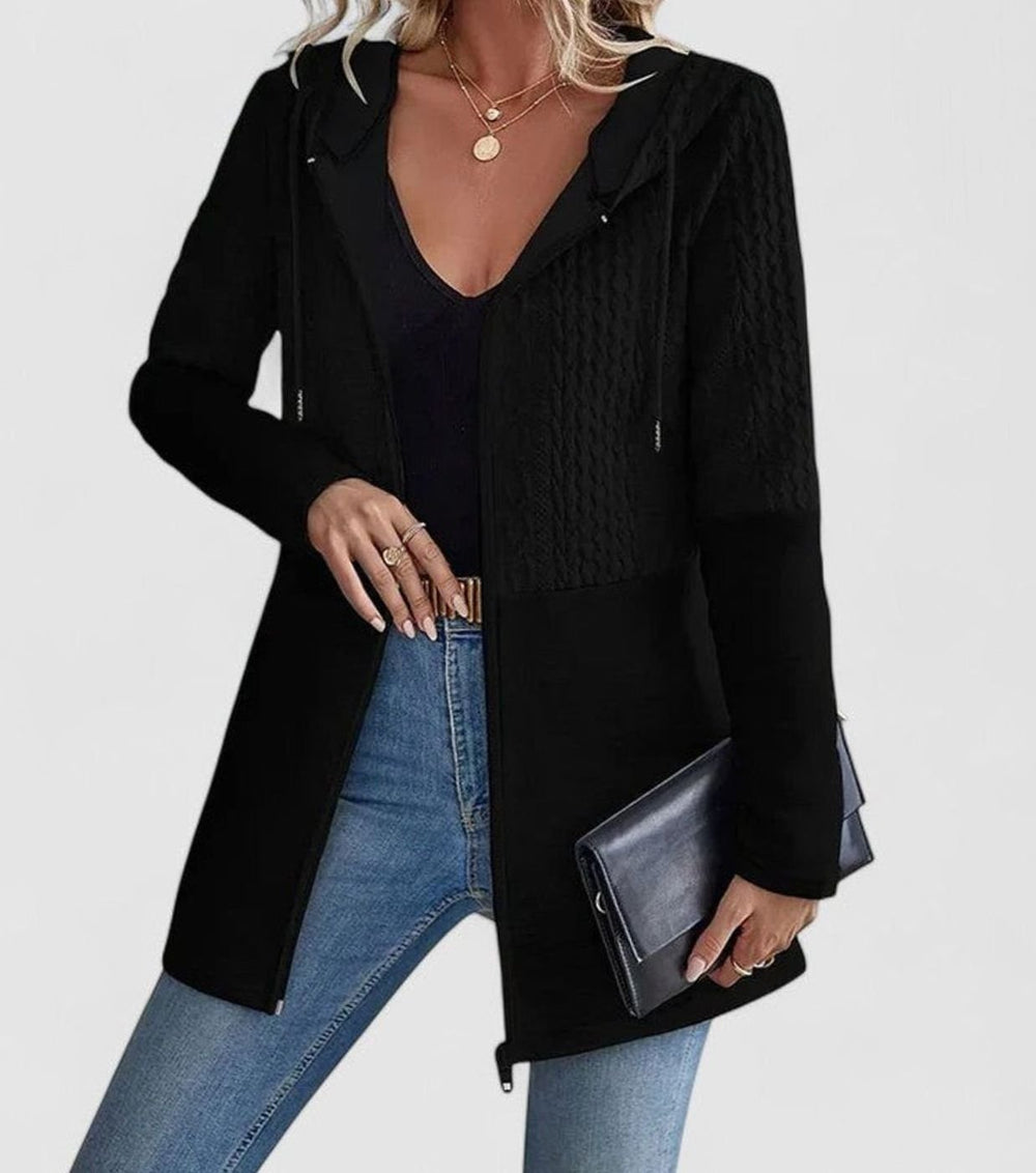 Women's Coat Cable-Knit Panel Hooded Long Zip-Up Sweatshirt - Black