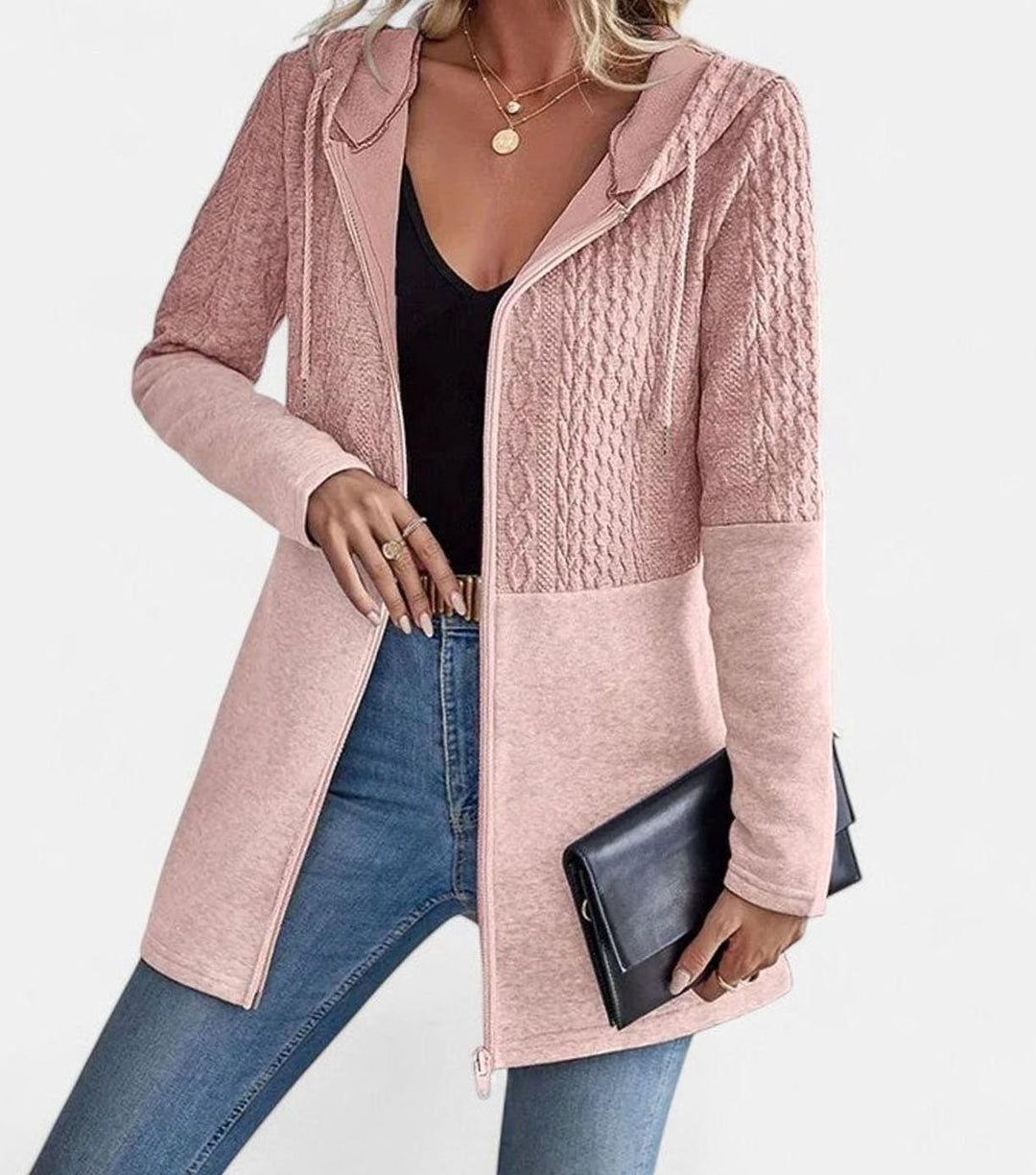 Women's Coat Cable-Knit Panel Hooded Long Zip-Up Sweatshirt - Pink