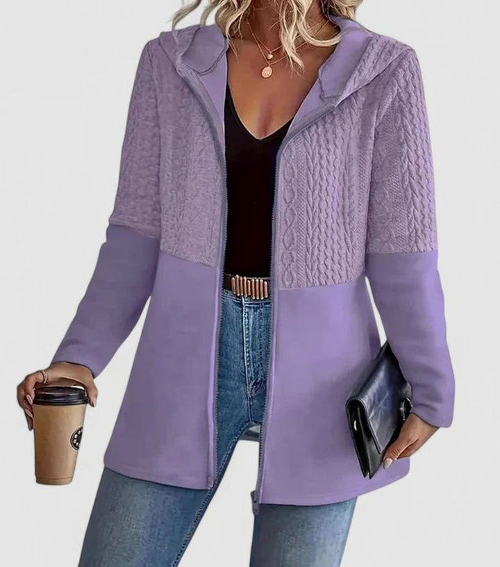 Women's Coat Cable-Knit Panel Hooded Long Zip-Up Sweatshirt - Purple