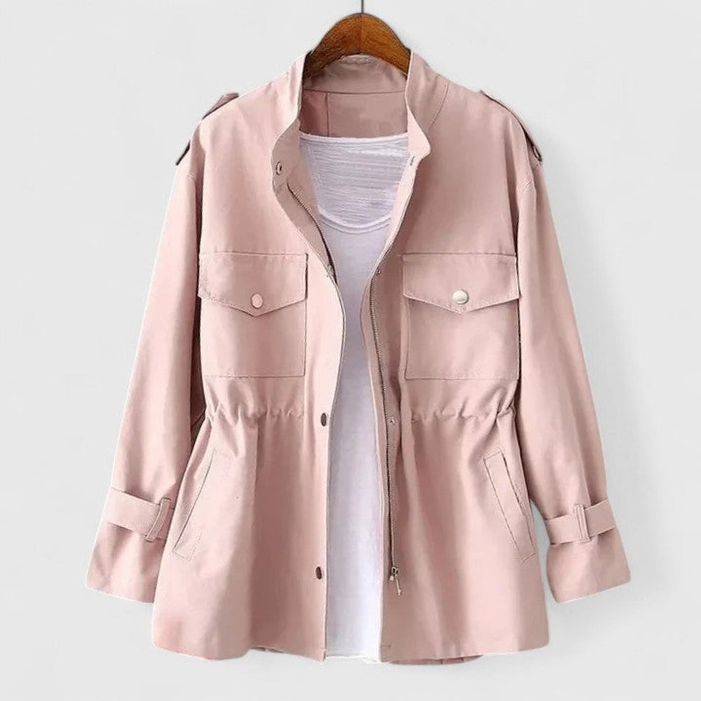 Women's Coat Drawstring-Waist Utility Jacket Long Sleeve - Pink
