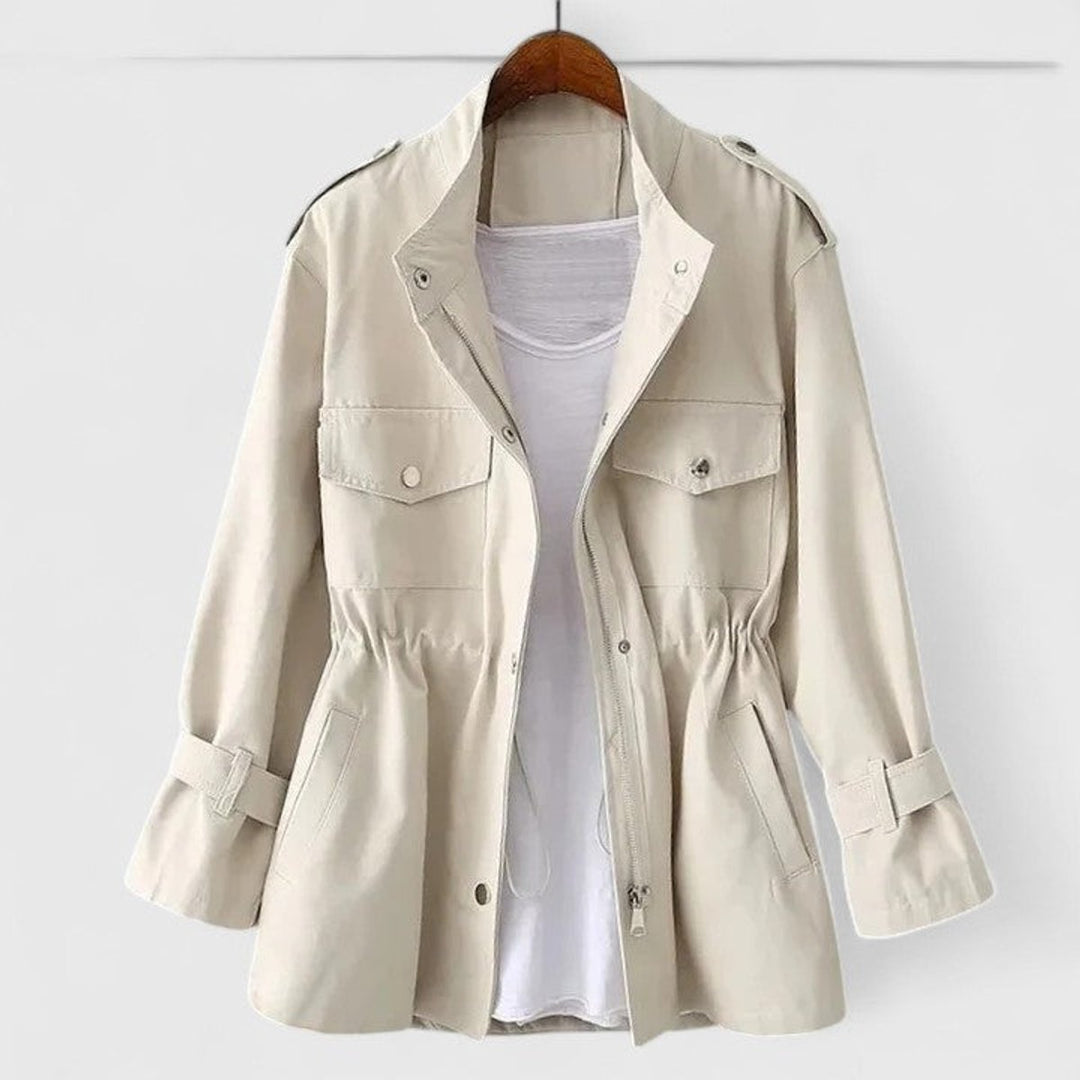 Women's Coat Drawstring-Waist Utility Jacket Long Sleeve - Cream