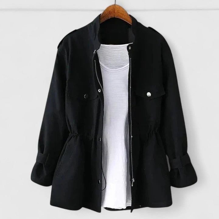 Women's Coat Drawstring-Waist Utility Jacket Long Sleeve - Black