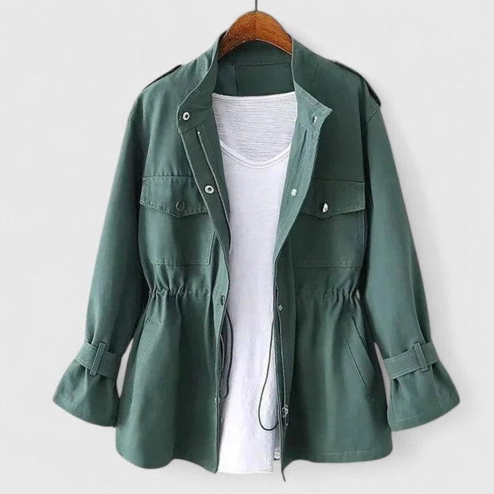 Women's Coat Drawstring-Waist Utility Jacket Long Sleeve - Green