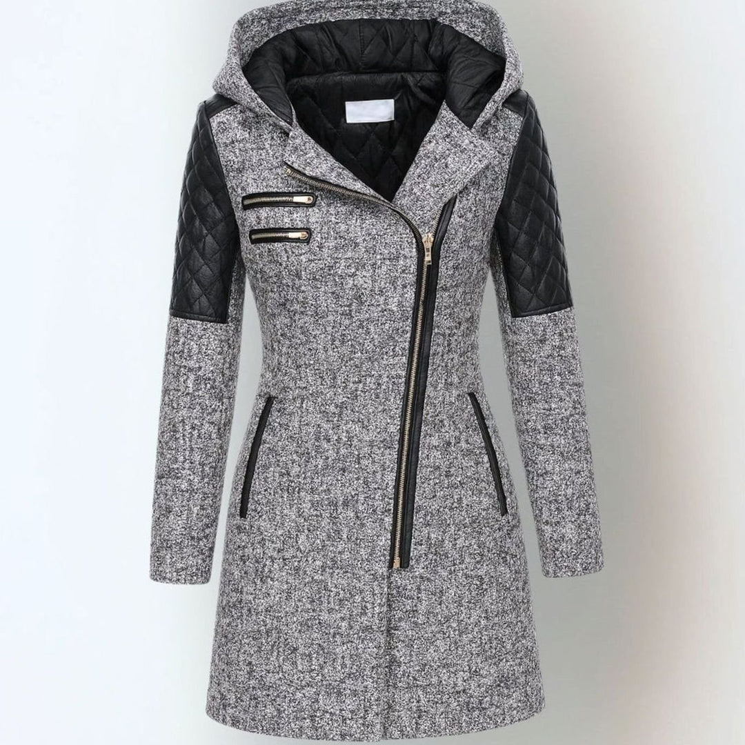 Women's Coat Hooded Wool-Blend Quilted Faux Leather Moto Jacket - Light Gray