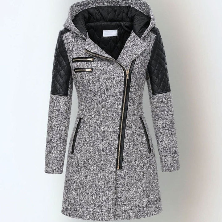 Women's Coat Hooded Wool-Blend Quilted Faux Leather Moto Jacket - Light Gray