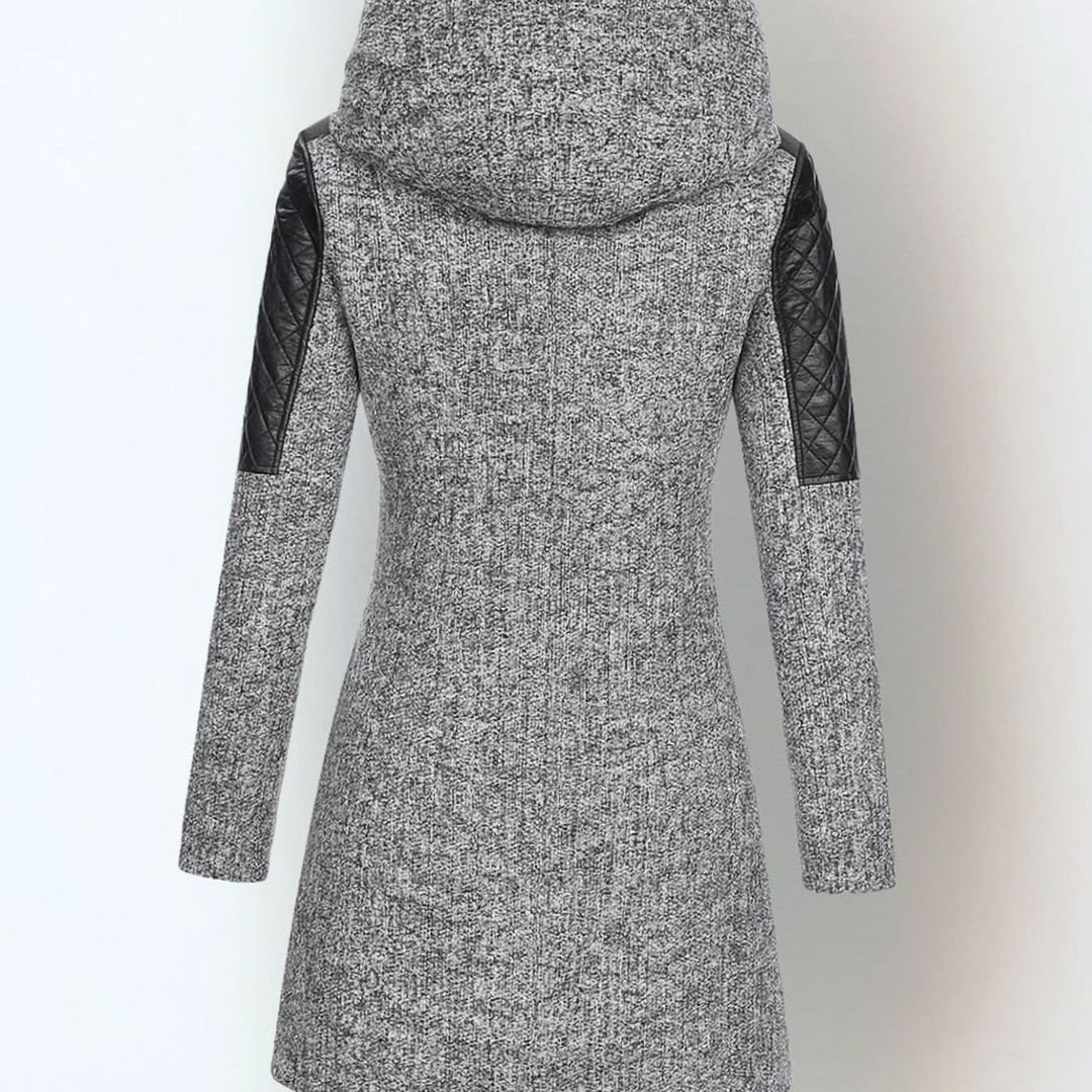 Women's Coat Hooded Wool-Blend Quilted Faux Leather Moto Jacket