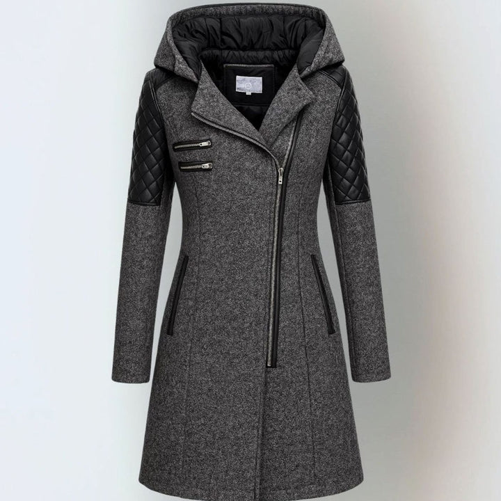 Women's Coat Hooded Wool-Blend Quilted Faux Leather Moto Jacket - Dark Gray