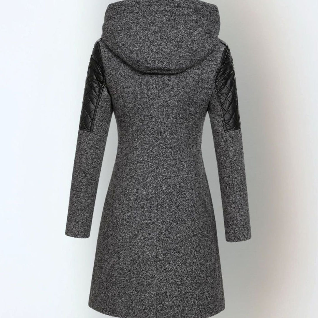 Women's Coat Hooded Wool-Blend Quilted Faux Leather Moto Jacket