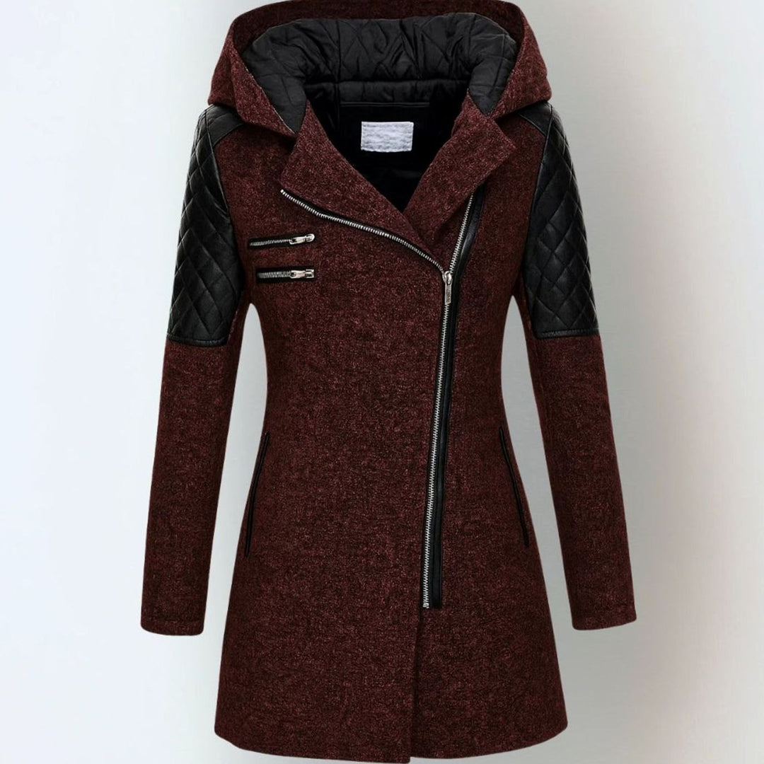 Women's Coat Hooded Wool-Blend Quilted Faux Leather Moto Jacket - Red