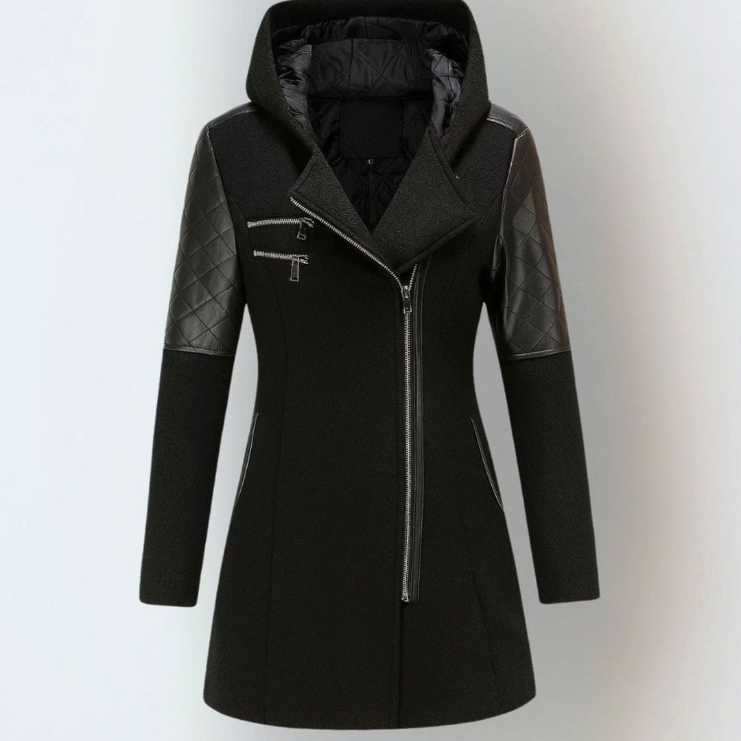 Women's Coat Hooded Wool-Blend Quilted Faux Leather Moto Jacket - Black
