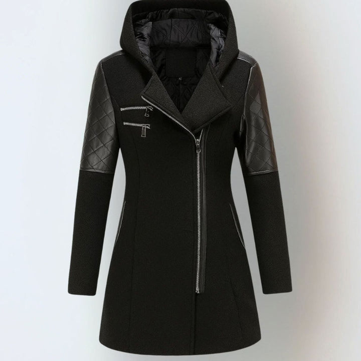 Women's Coat Hooded Wool-Blend Quilted Faux Leather Moto Jacket - Black