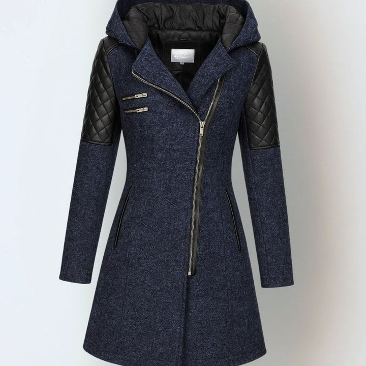 Women's Coat Hooded Wool-Blend Quilted Faux Leather Moto Jacket - Blue