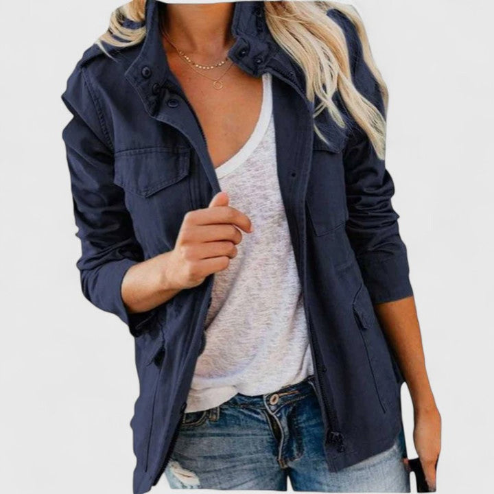 Women's Coat Lightweight Military Utility Jacket Drawstring Waist - Navy Blue