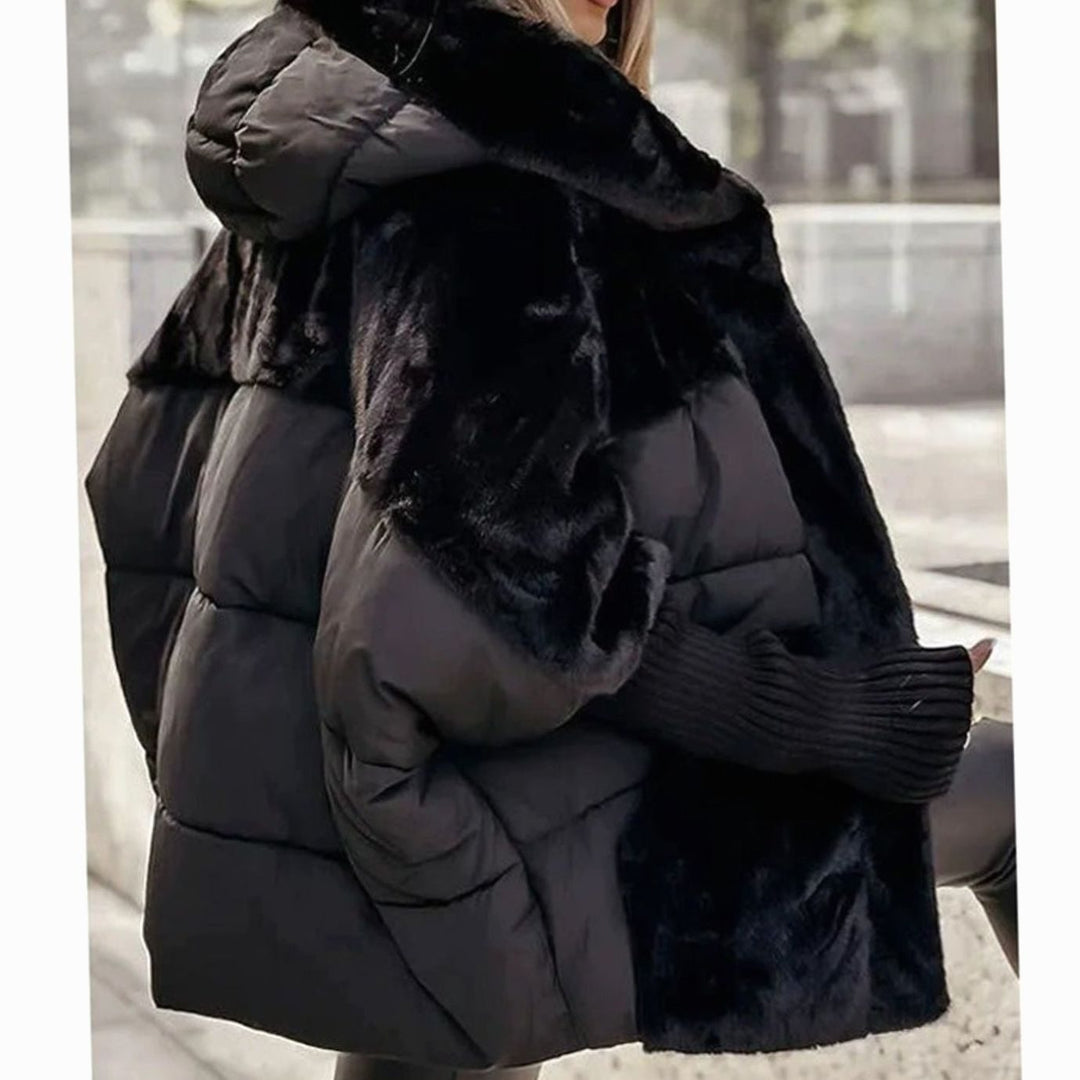 Women's Coat Oversized Faux Fur Panel Hooded Puffer Jacket - Black