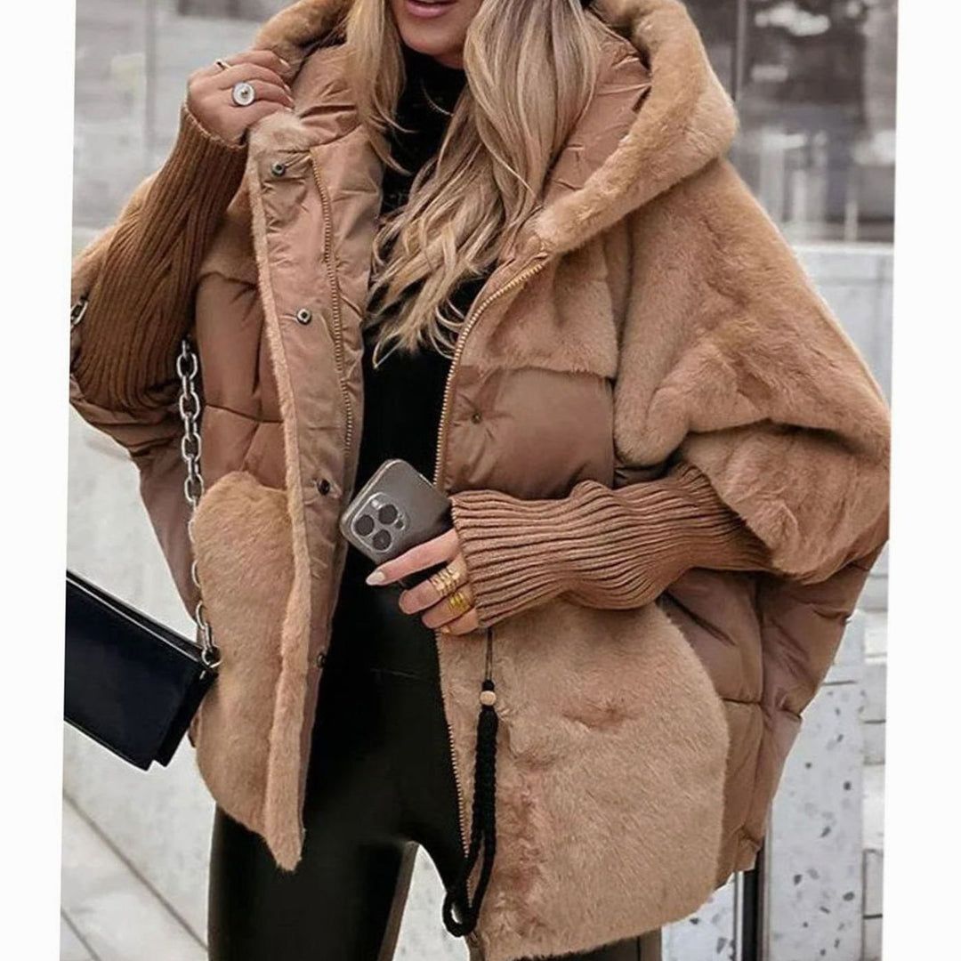 Women's Coat Oversized Faux Fur Panel Hooded Puffer Jacket - Dark Khaki