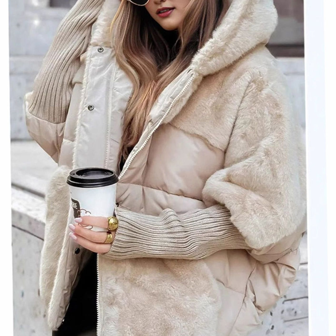 Women's Coat Oversized Faux Fur Panel Hooded Puffer Jacket - Beige