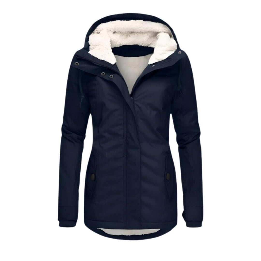 Women's Coat Sherpa-Lined Hooded Zip-Up Parka - Navy Blue
