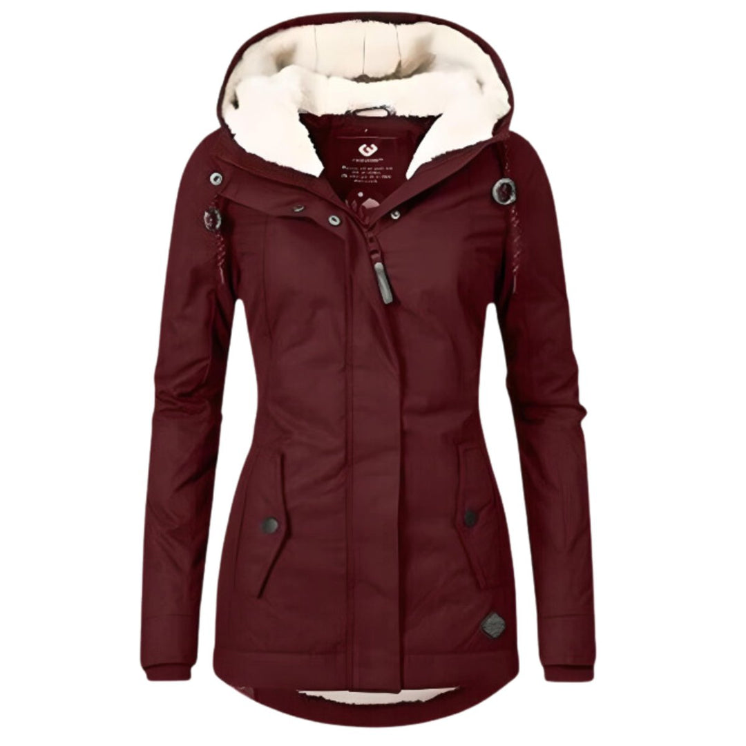 Women's Coat Sherpa-Lined Hooded Zip-Up Parka - Wine Red