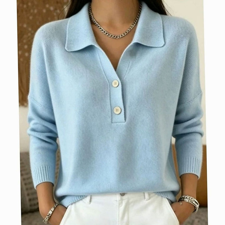 Women's Collared Button-Placket Knit Pullover Sweater - Blue