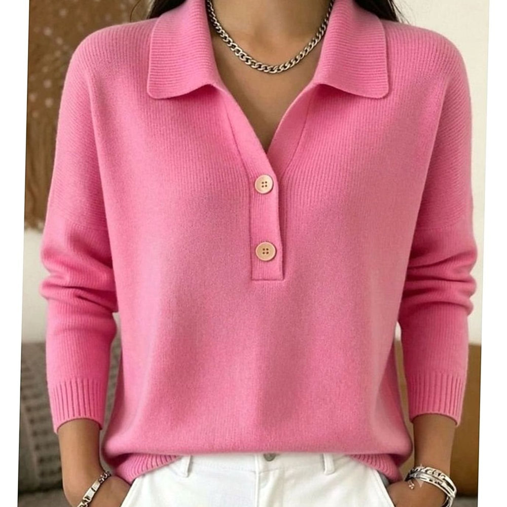 Women's Collared Button-Placket Knit Pullover Sweater - Pink