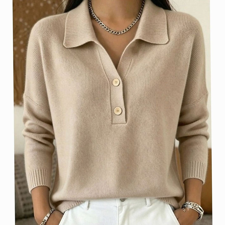 Women's Collared Button-Placket Knit Pullover Sweater - Khaki