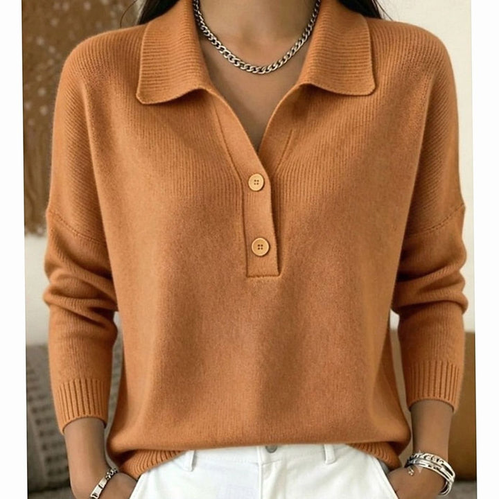 Women's Collared Button-Placket Knit Pullover Sweater - Light Brown