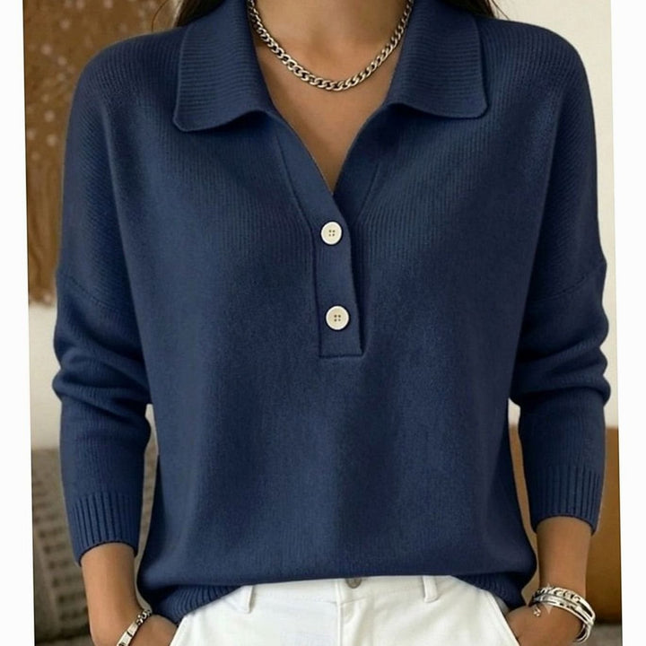 Women's Collared Button-Placket Knit Pullover Sweater - Dark Blue