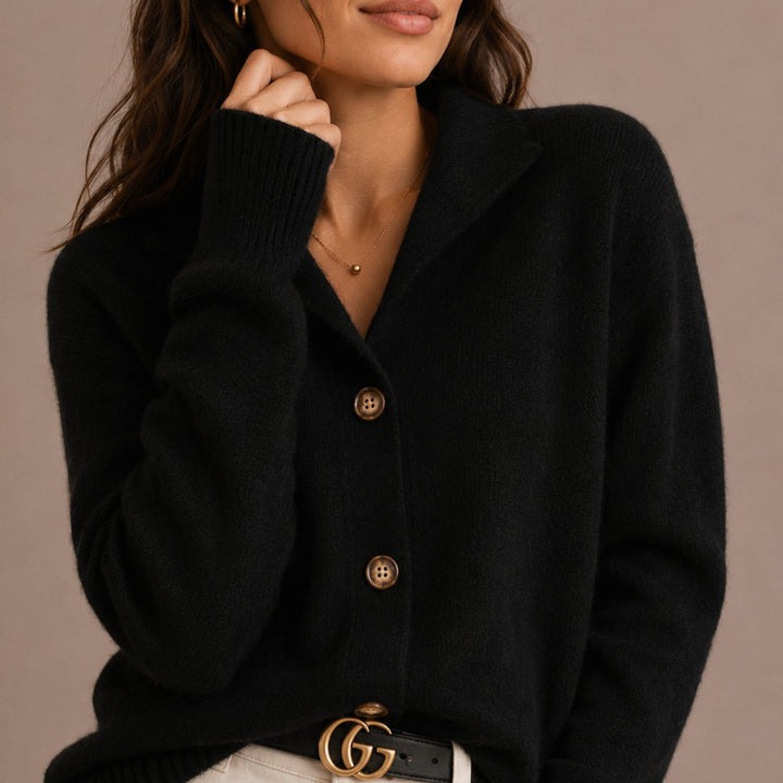 Women's Collared Button-Up Relaxed Knit Cardigan - Black