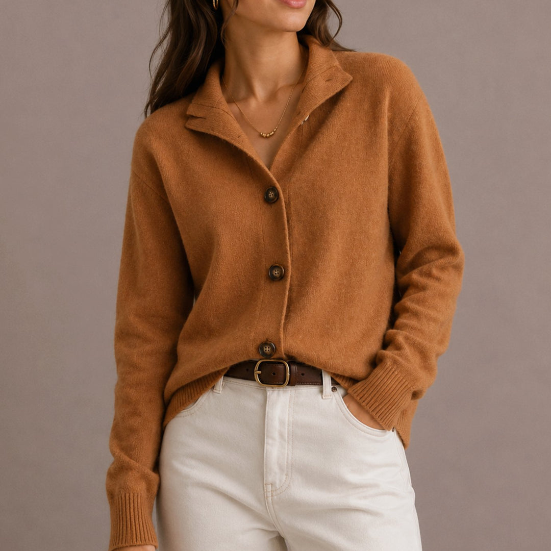 Women's Collared Button-Up Relaxed Knit Cardigan - Brown
