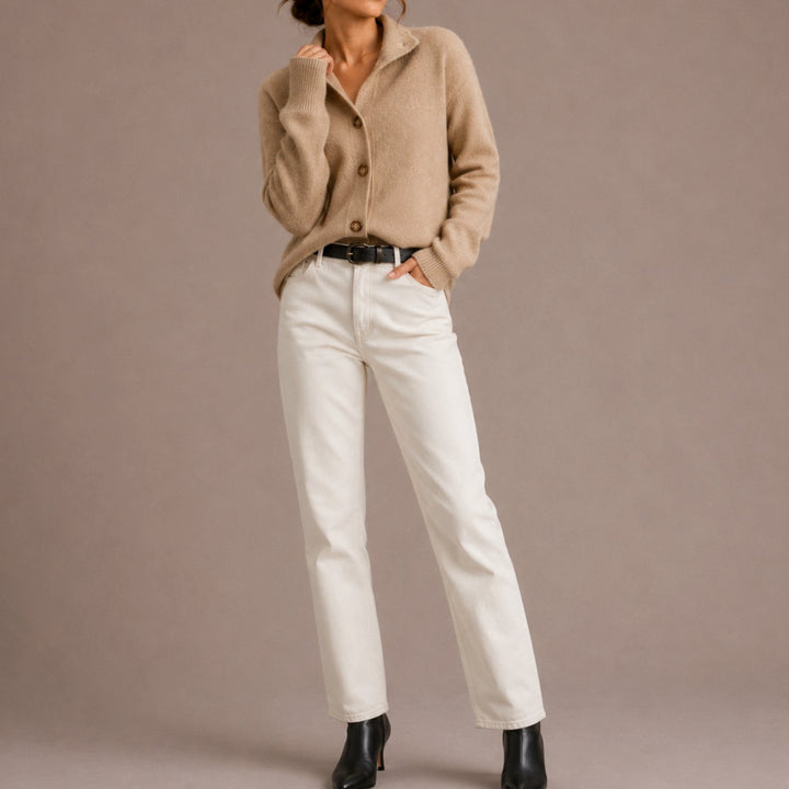Women's Collared Button-Up Relaxed Knit Cardigan - Beige
