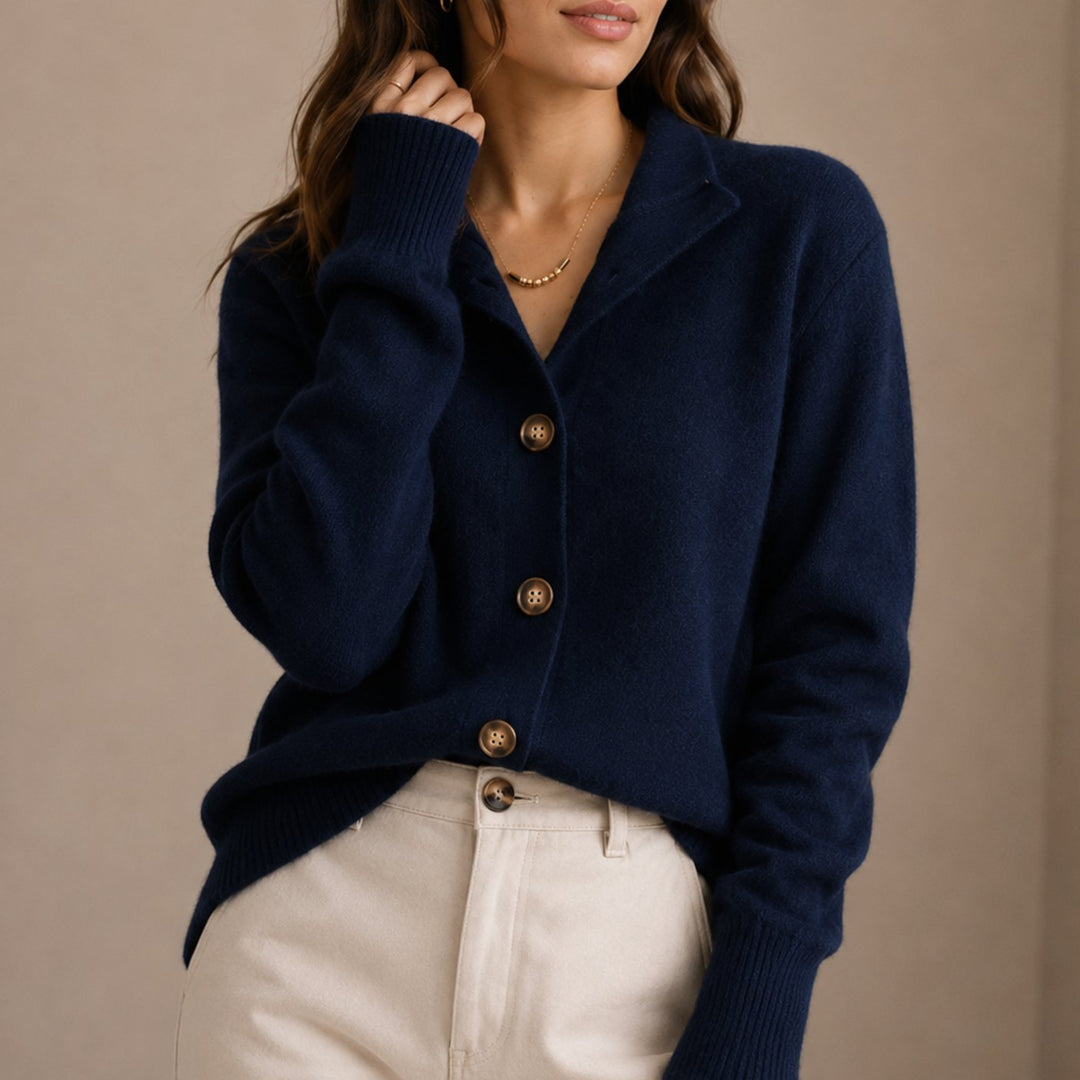 Women's Collared Button-Up Relaxed Knit Cardigan - Navy