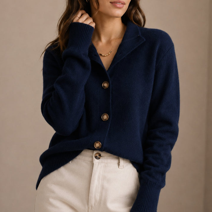 Women's Collared Button-Up Relaxed Knit Cardigan - Navy