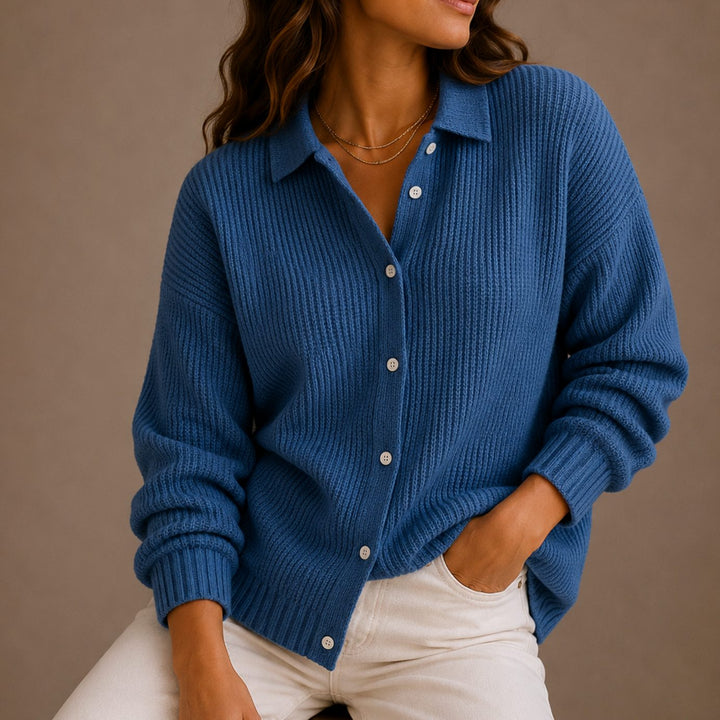 Women's Collared Button-Up Ribbed Knit Cardigan - Blue