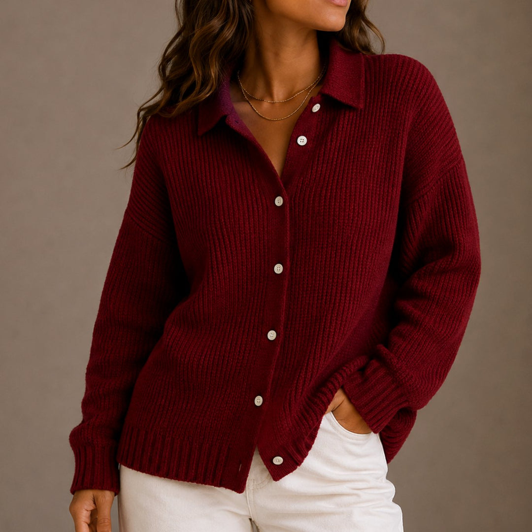 Women's Collared Button-Up Ribbed Knit Cardigan - Red