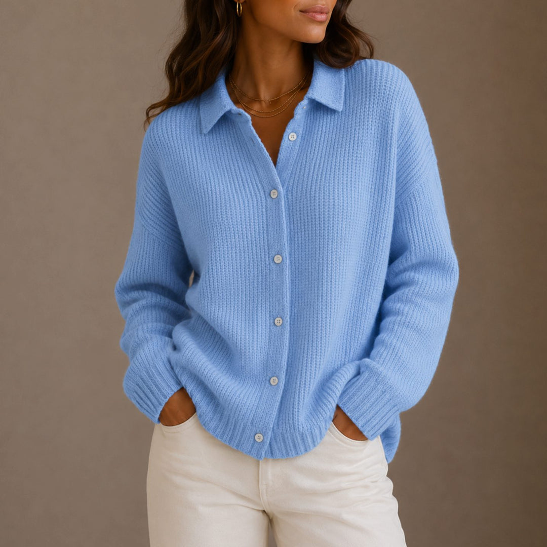 Women's Collared Button-Up Ribbed Knit Cardigan - Light Blue