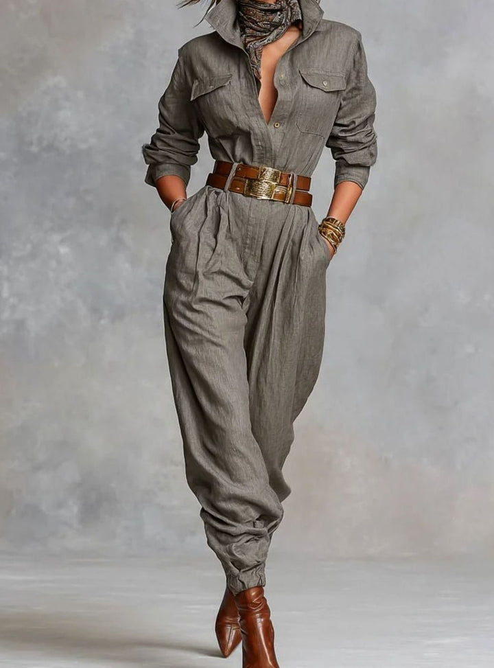 Women's Collared Long-Sleeve Tapered-Ankle Jumpsuit - Taupe