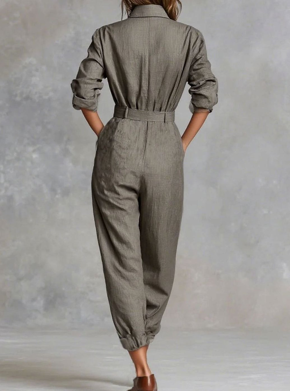 Women's Collared Long-Sleeve Tapered-Ankle Jumpsuit