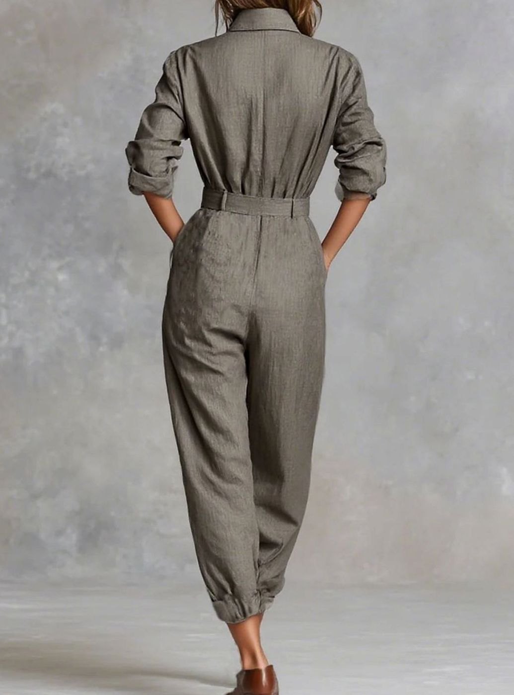 Women's Collared Long-Sleeve Tapered-Ankle Jumpsuit