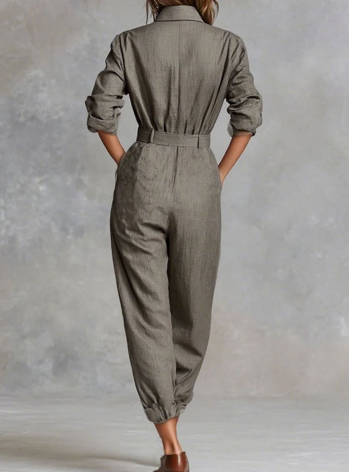 Women's Collared Long-Sleeve Tapered-Ankle Jumpsuit