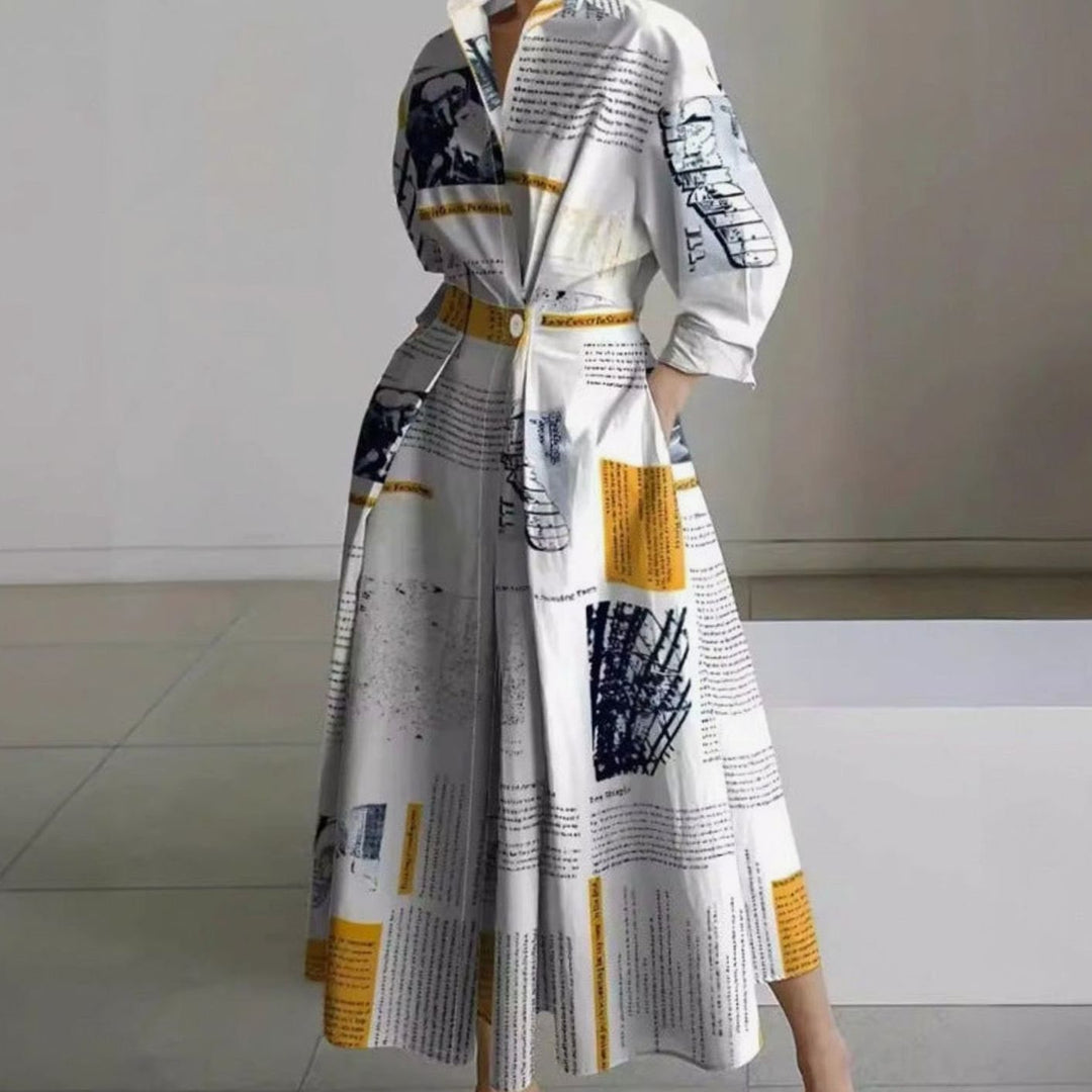 Women's Collared Maxi Shirt Dress Newspaper Print Wrap Front